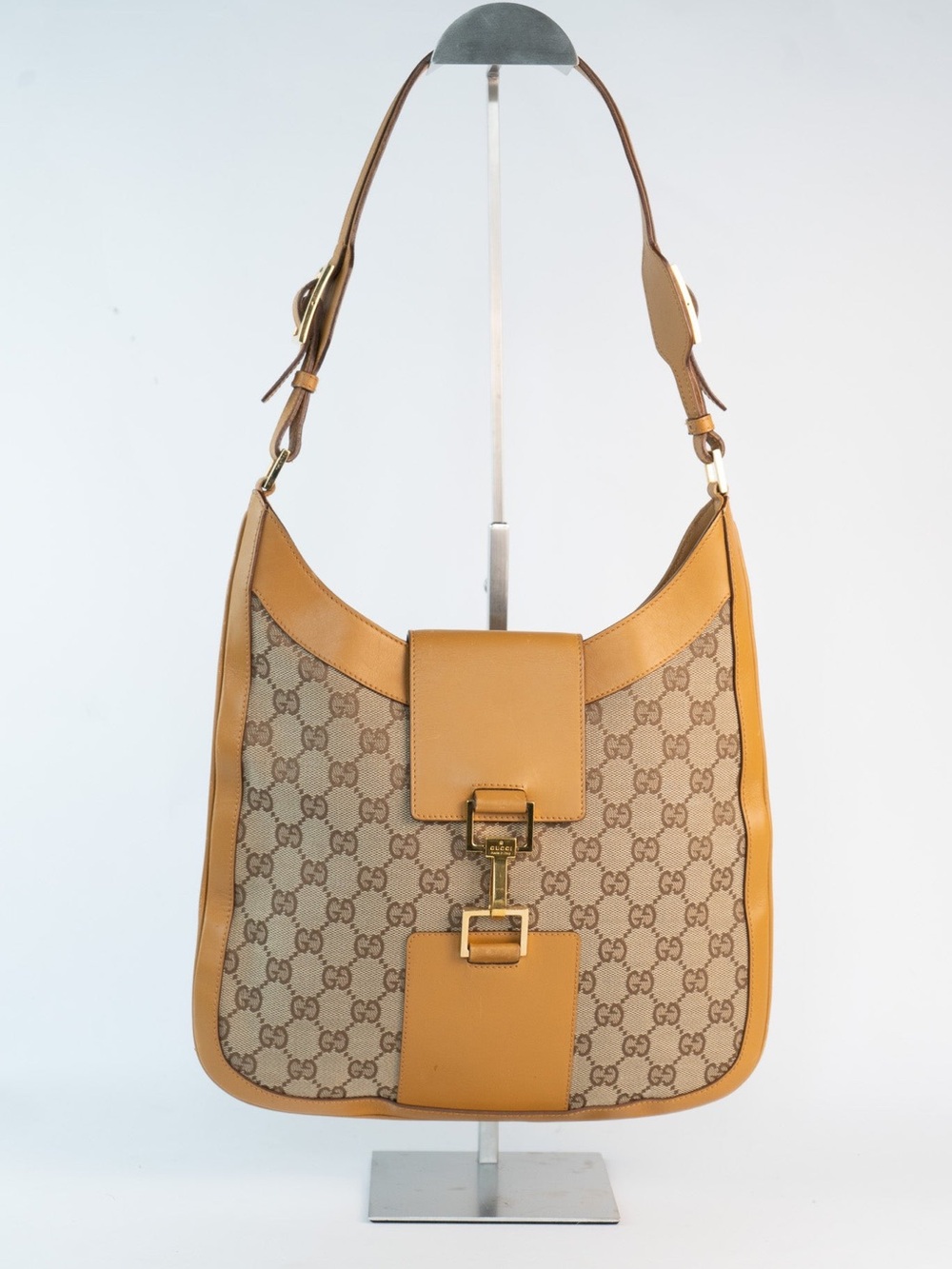 GG Monogram Canvas Leather Shoulder Bag in Tan